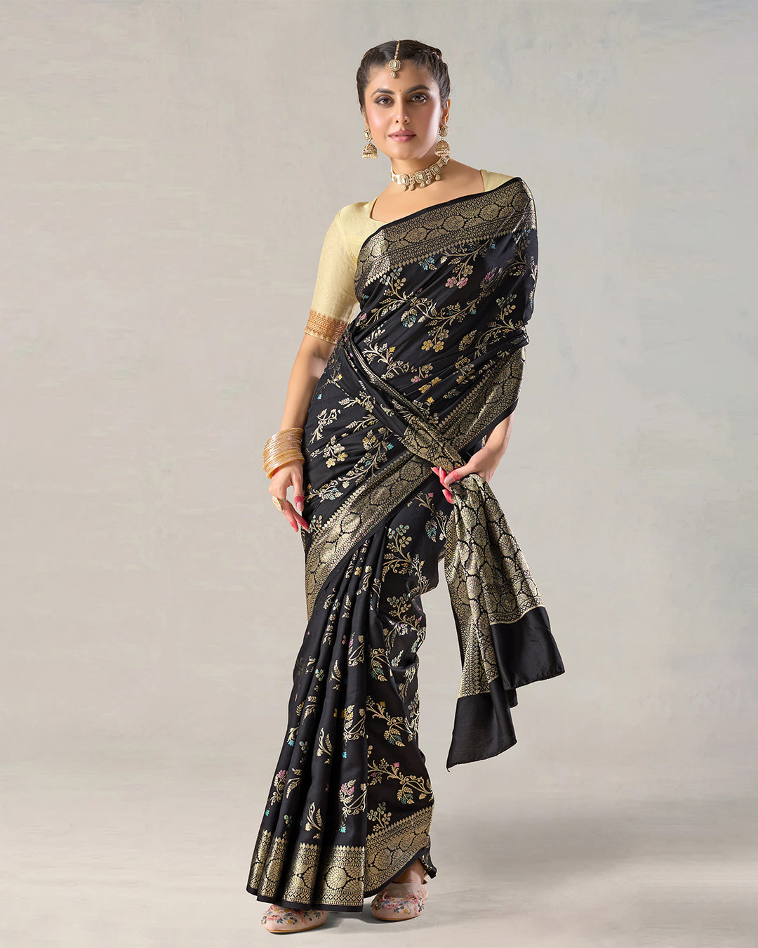 Charcoal Black Pure Banarasi Saree with Multicolor Floral Butta & Jaal