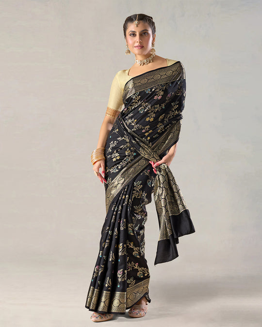Charcoal Black Pure Banarasi Saree with Multicolor Floral Butta & Jaal