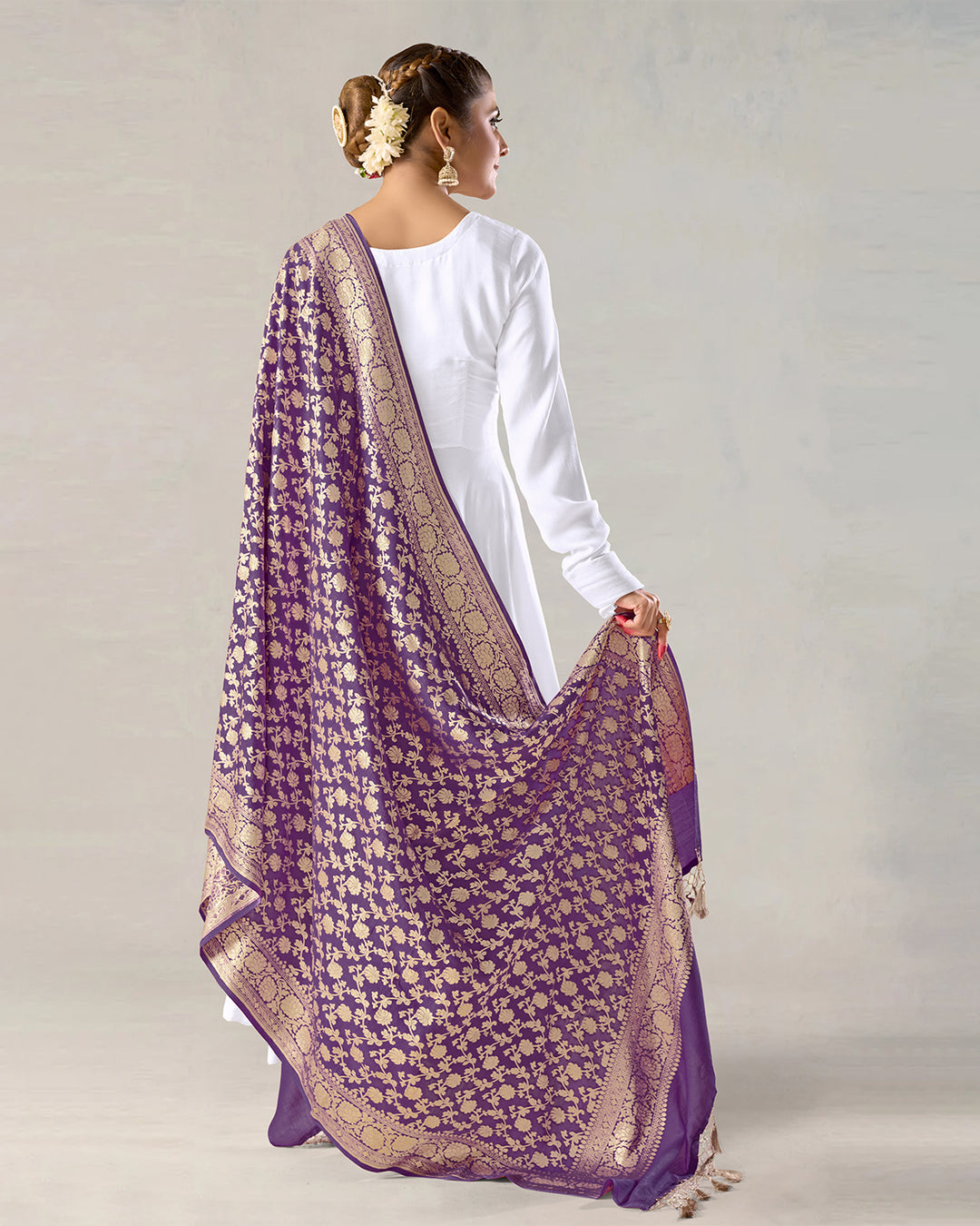 Royal Purple Pure Muga Silk Dupatta with Lustrous Zari Blooms