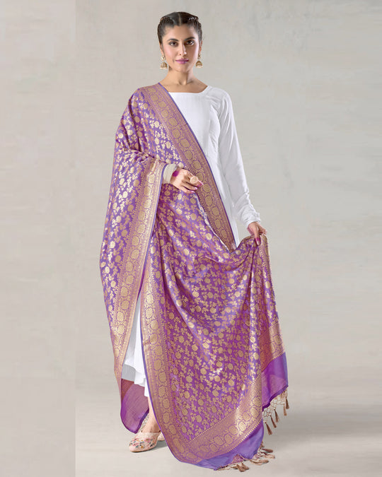 Orchid Lilac Pure Muga Silk Dupatta with Regal Jaal Patterns