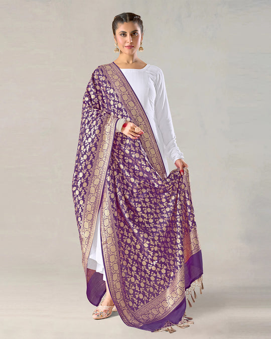 Royal Purple Pure Muga Silk Dupatta with Lustrous Zari Blooms