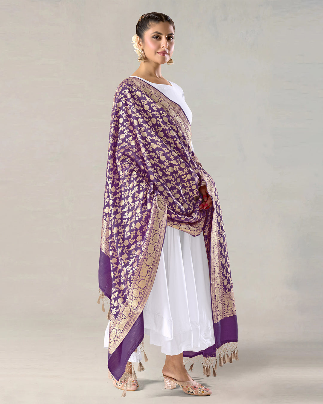 Royal Purple Pure Muga Silk Dupatta with Lustrous Zari Blooms