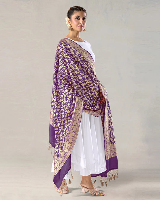 Royal Purple Pure Muga Silk Dupatta with Lustrous Zari Blooms