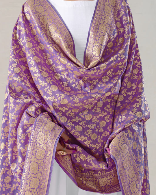 Orchid Lilac Pure Muga Silk Dupatta with Regal Jaal Patterns