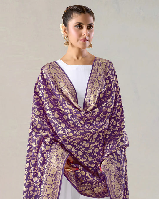 Royal Purple Pure Muga Silk Dupatta with Lustrous Zari Blooms