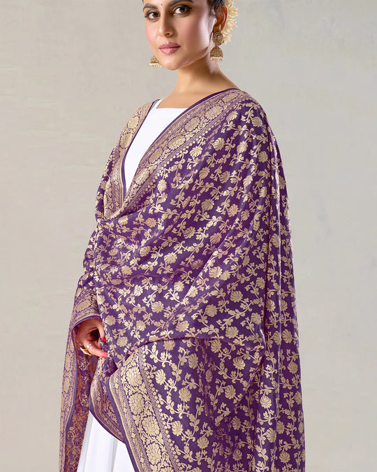 Royal Purple Pure Muga Silk Dupatta with Lustrous Zari Blooms