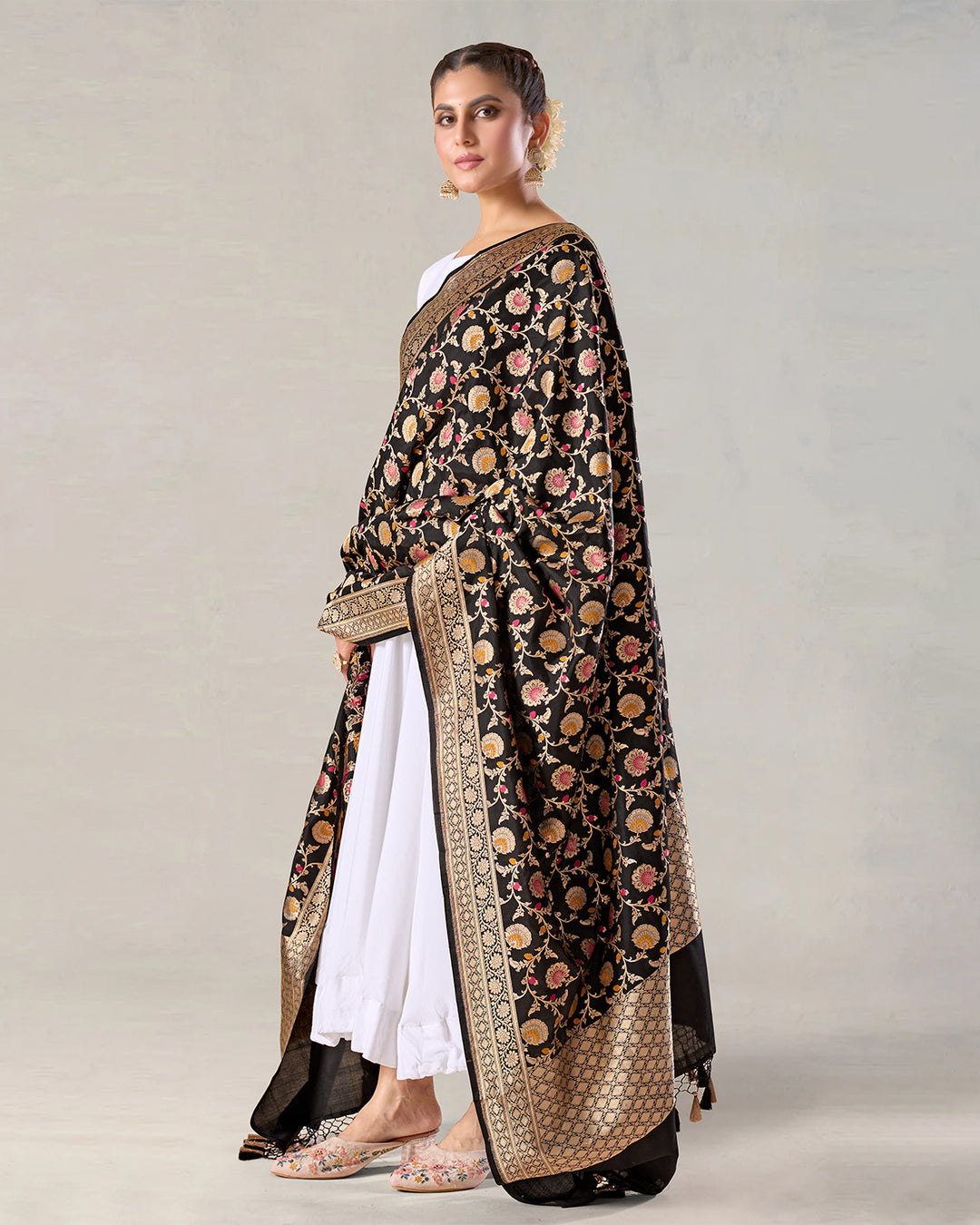 Black Pure Katan Silk Dupatta with Floral Zari Work