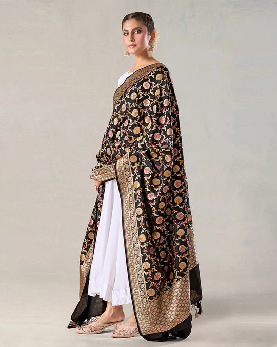 Black Pure Katan Silk Dupatta with Floral Zari Work