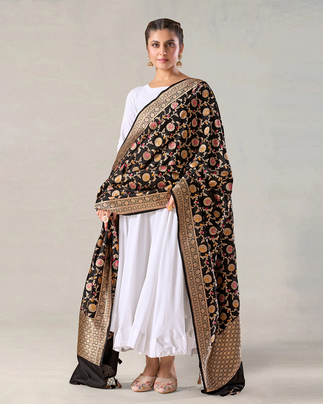 Black Pure Katan Silk Dupatta with Floral Zari Work
