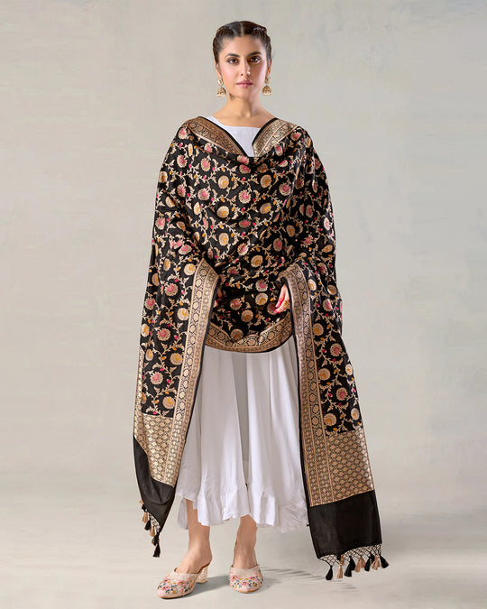 Black Pure Katan Silk Dupatta with Floral Zari Work