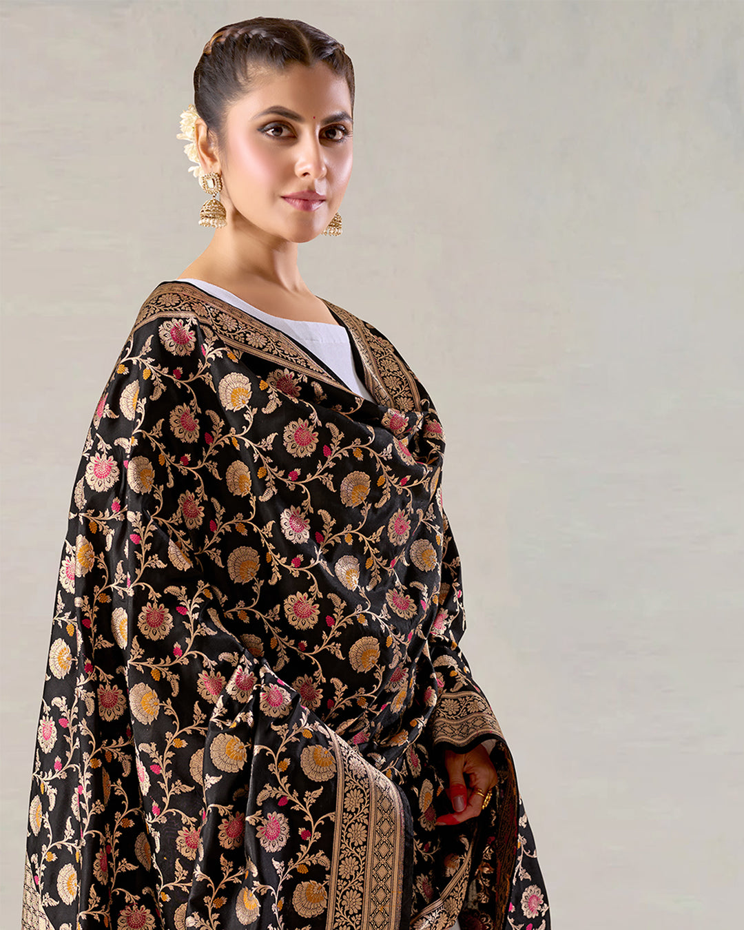 Black Pure Katan Silk Dupatta with Floral Zari Work