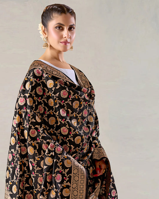 Black Pure Katan Silk Dupatta with Floral Zari Work