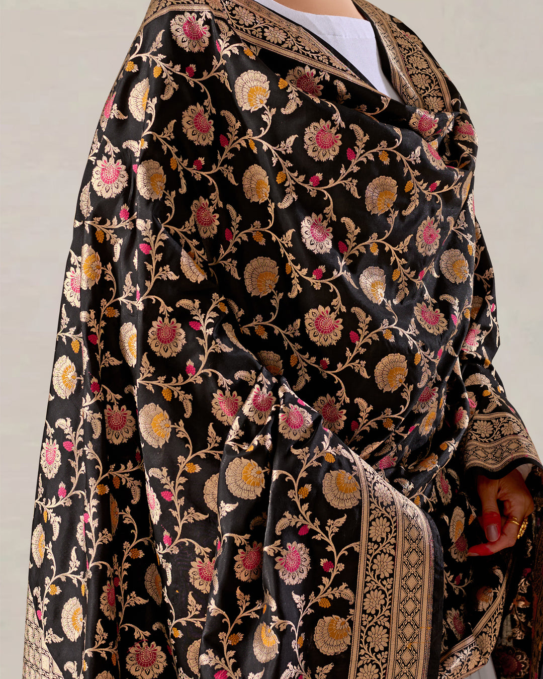 Black Pure Katan Silk Dupatta with Floral Zari Work