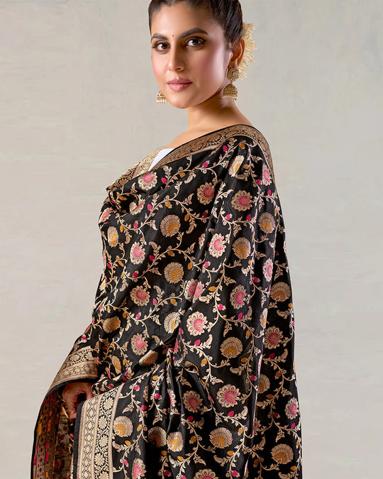 Black Pure Katan Silk Dupatta with Floral Zari Work