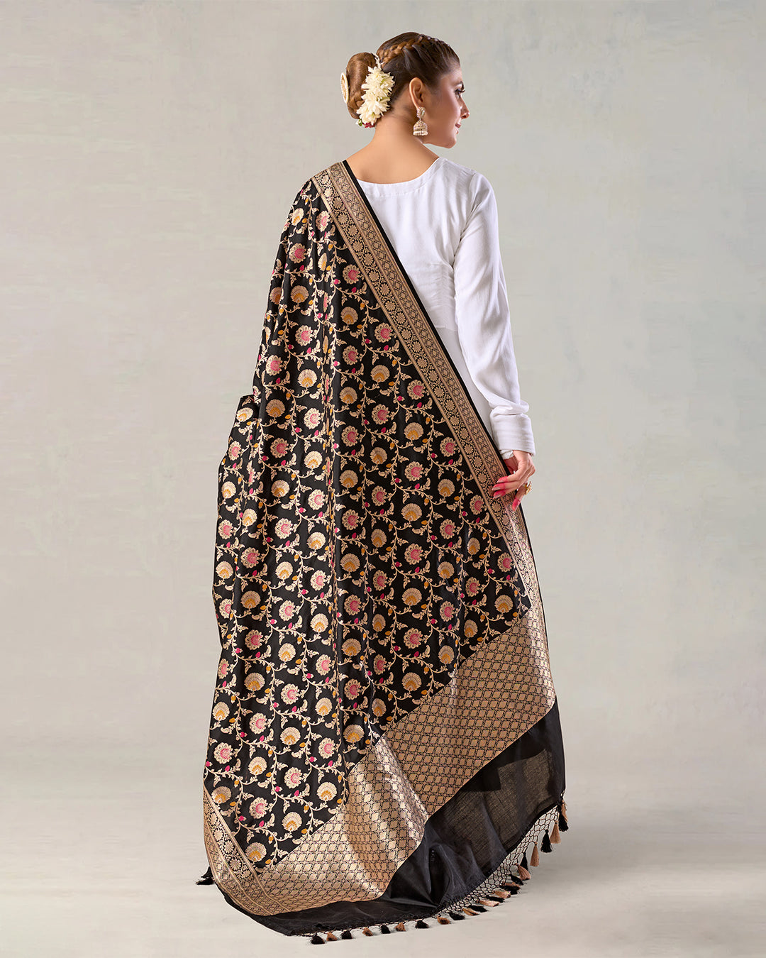 Black Pure Katan Silk Dupatta with Floral Zari Work