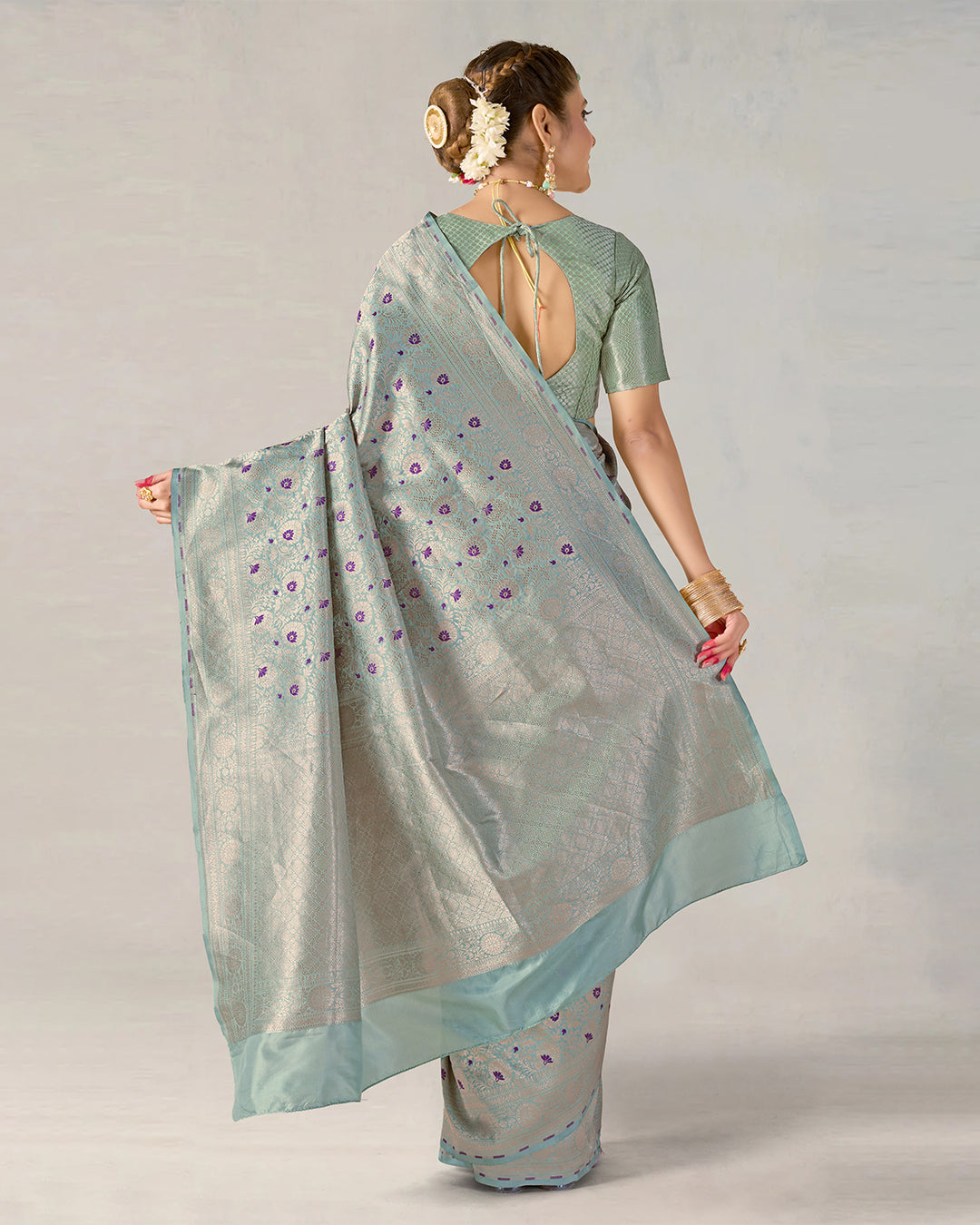 Sea Green Pure Katan Saree with Brocade Zari & Contrast Purple Motifs