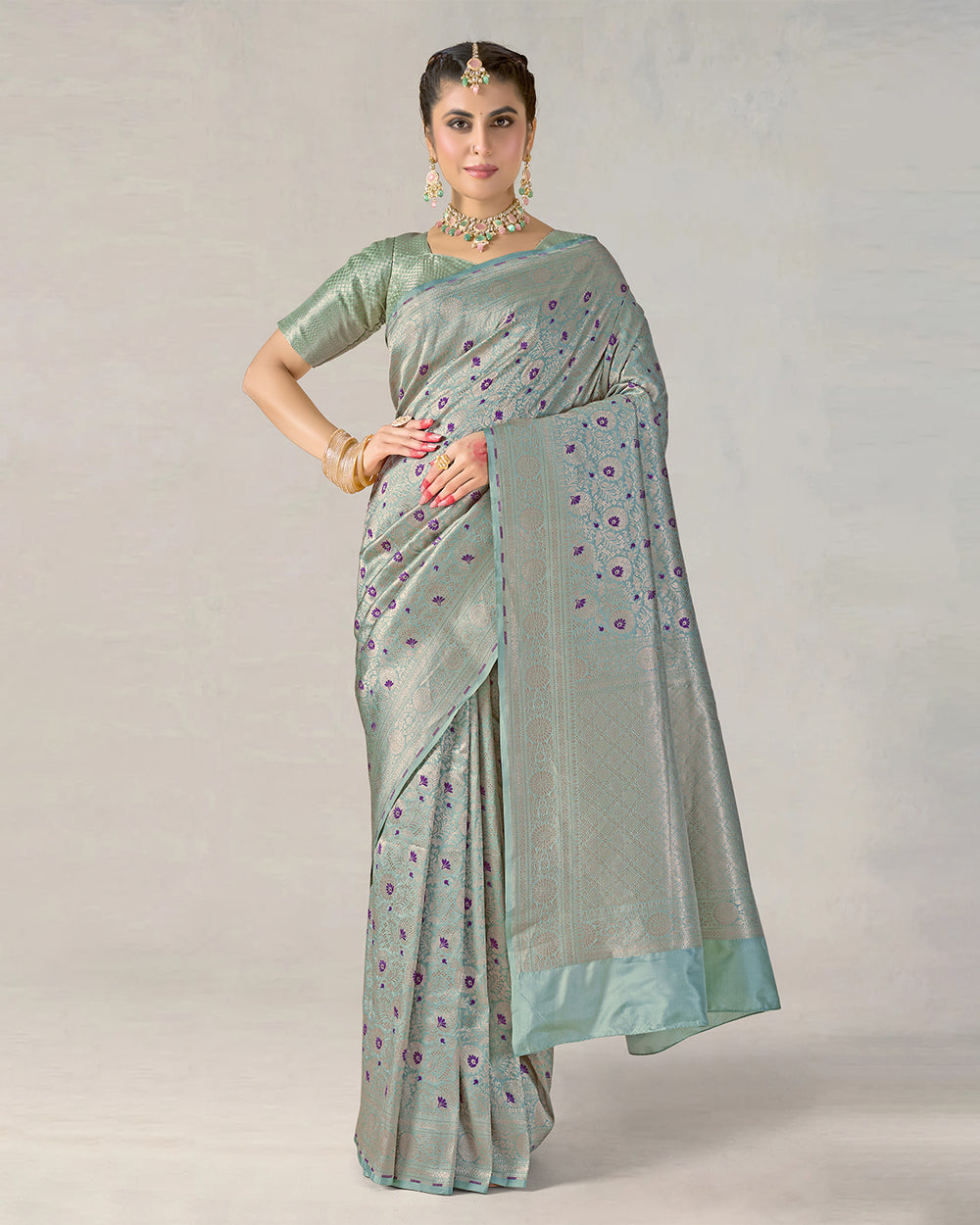 Sea Green Pure Katan Saree with Brocade Zari & Contrast Purple Motifs