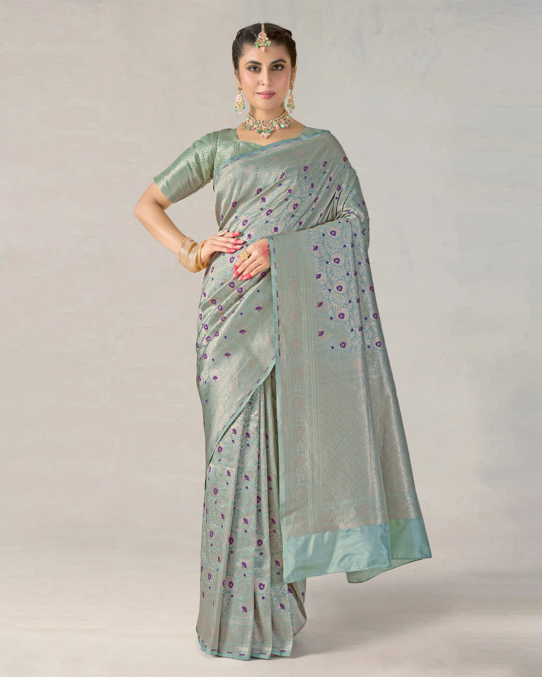 Sea Green Pure Katan Saree with Brocade Zari & Contrast Purple Motifs