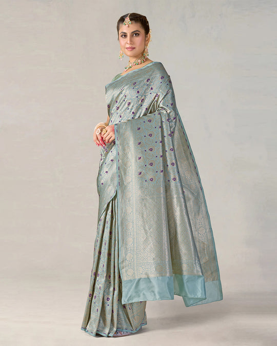 Sea Green Pure Katan Saree with Brocade Zari & Contrast Purple Motifs