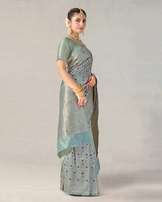 Sea Green Pure Katan Saree with Brocade Zari & Contrast Purple Motifs