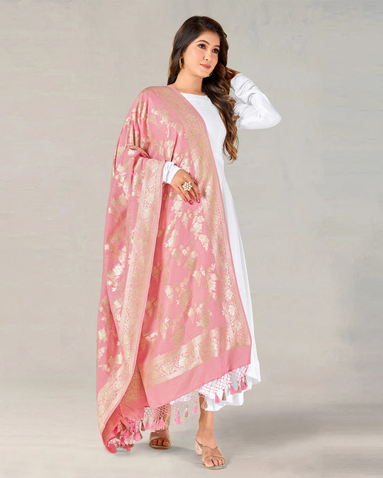 Petal Pink Pure Muga Silk Dupatta with Gilded Zari Work and Tassels