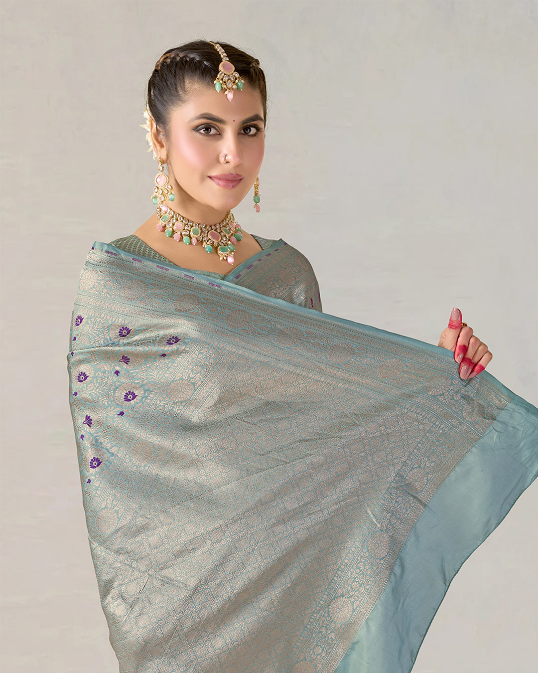 Sea Green Pure Katan Saree with Brocade Zari & Contrast Purple Motifs