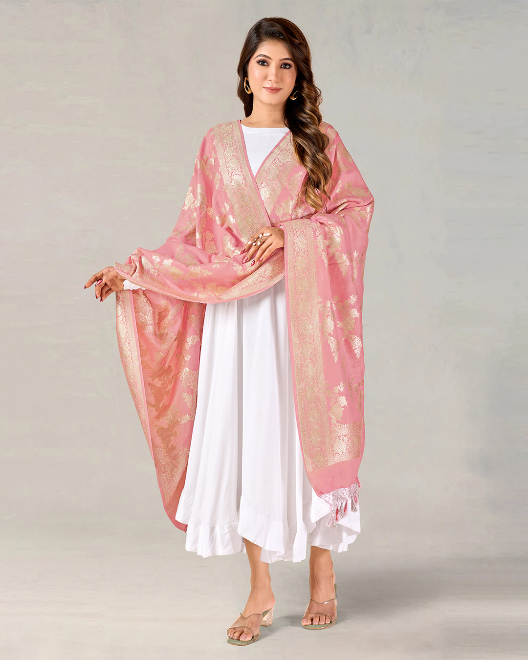 Petal Pink Pure Muga Silk Dupatta with Gilded Zari Work and Tassels