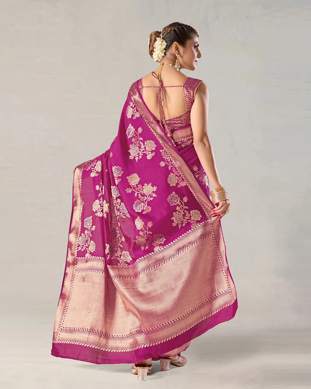Magenta Pink Pure Banarasi Saree with Regal Flower Butidar Weaves