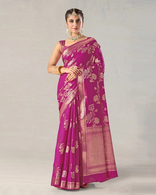 Magenta Pink Pure Banarasi Saree with Regal Flower Butidar Weaves