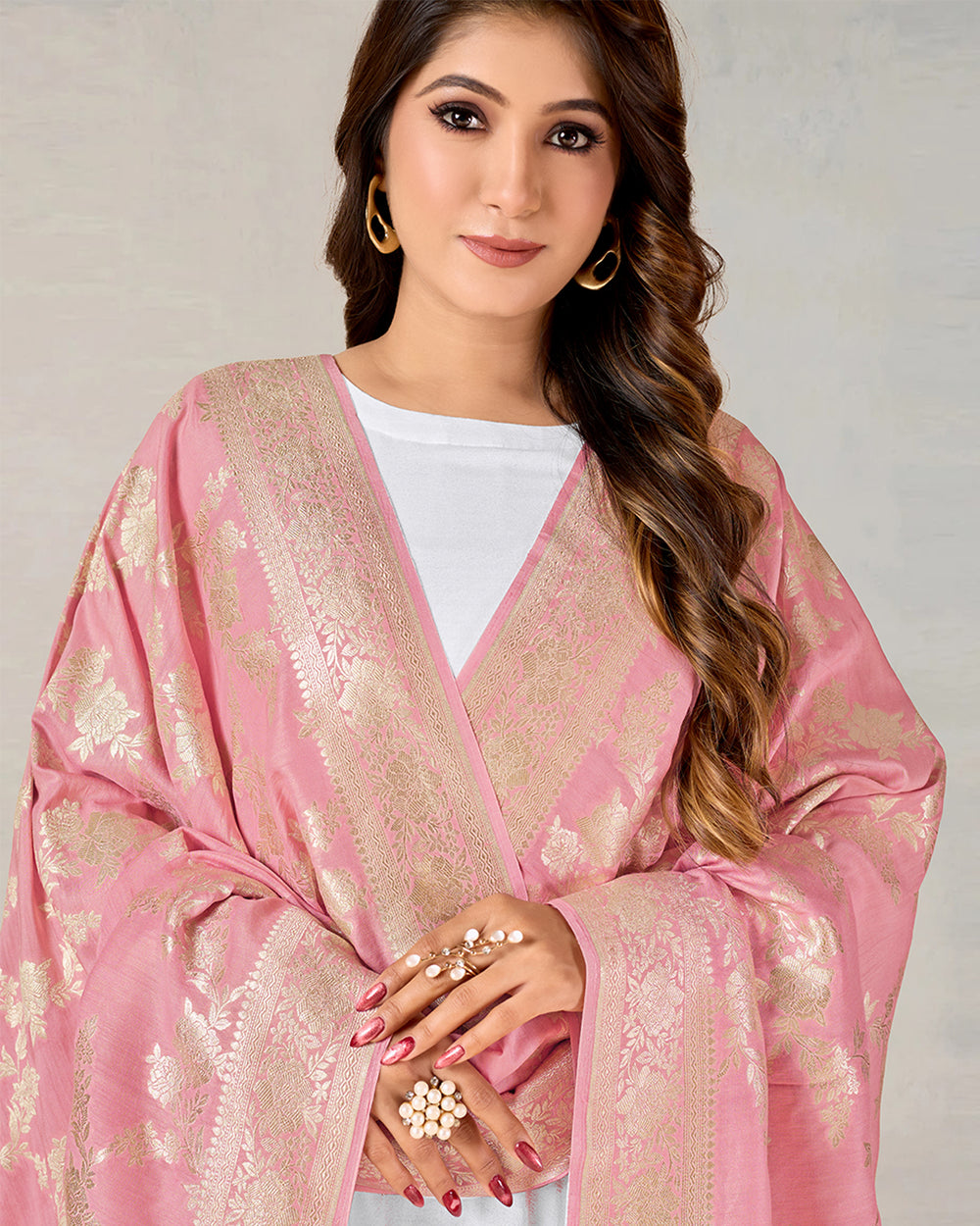 Petal Pink Pure Muga Silk Dupatta with Gilded Zari Work and Tassels