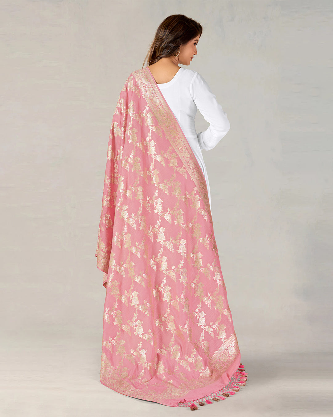 Petal Pink Pure Muga Silk Dupatta with Gilded Zari Work and Tassels