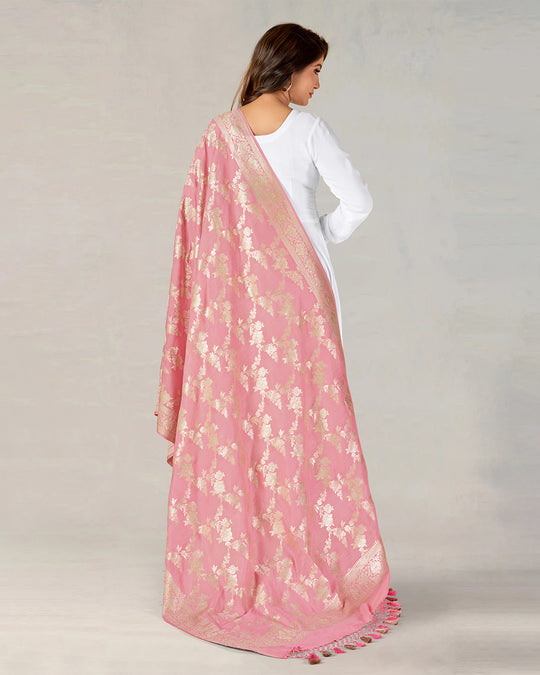 Petal Pink Pure Muga Silk Dupatta with Gilded Zari Work and Tassels