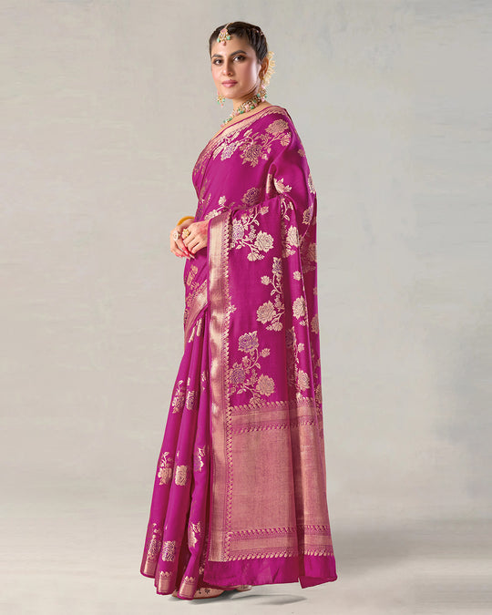 Magenta Pink Pure Banarasi Saree with Regal Flower Butidar Weaves