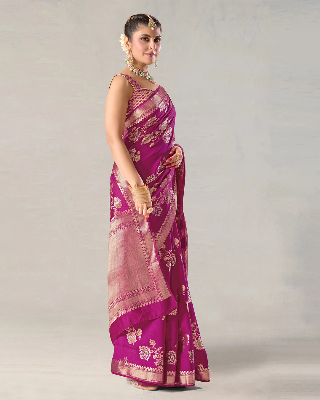 Magenta Pink Pure Banarasi Saree with Regal Flower Butidar Weaves