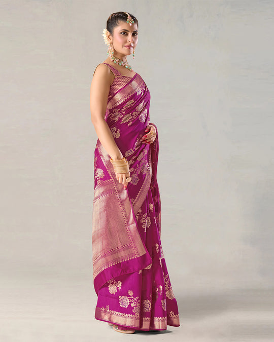 Magenta Pink Pure Banarasi Saree with Regal Flower Butidar Weaves