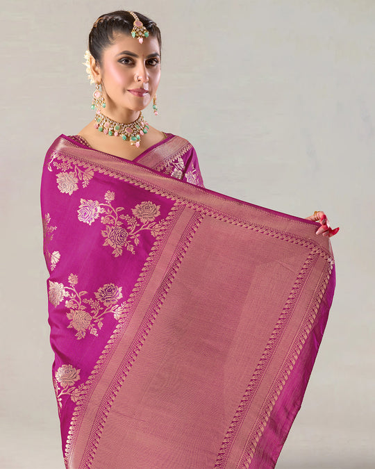 Magenta Pink Pure Banarasi Saree with Regal Flower Butidar Weaves