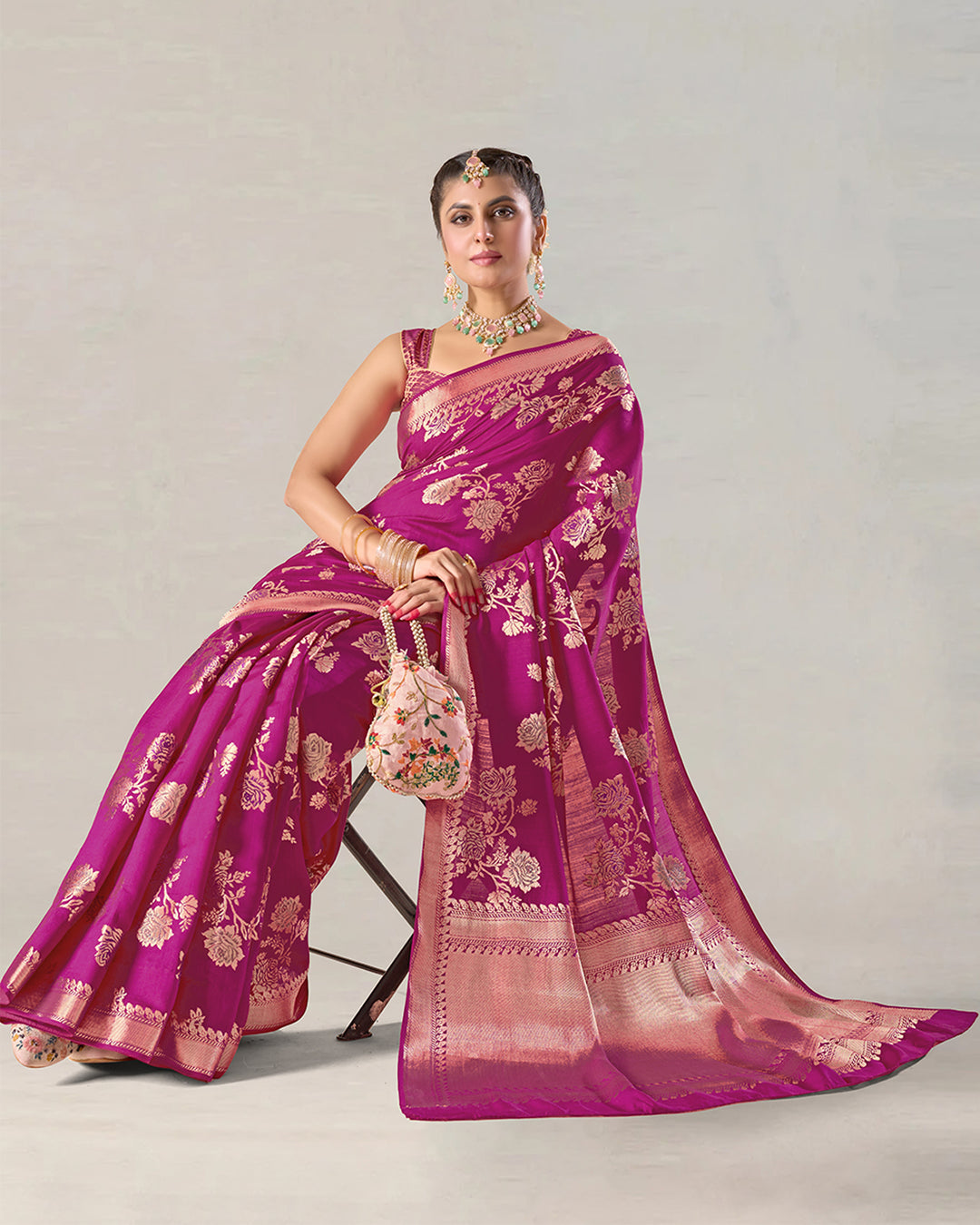 Magenta Pink Pure Banarasi Saree with Regal Flower Butidar Weaves
