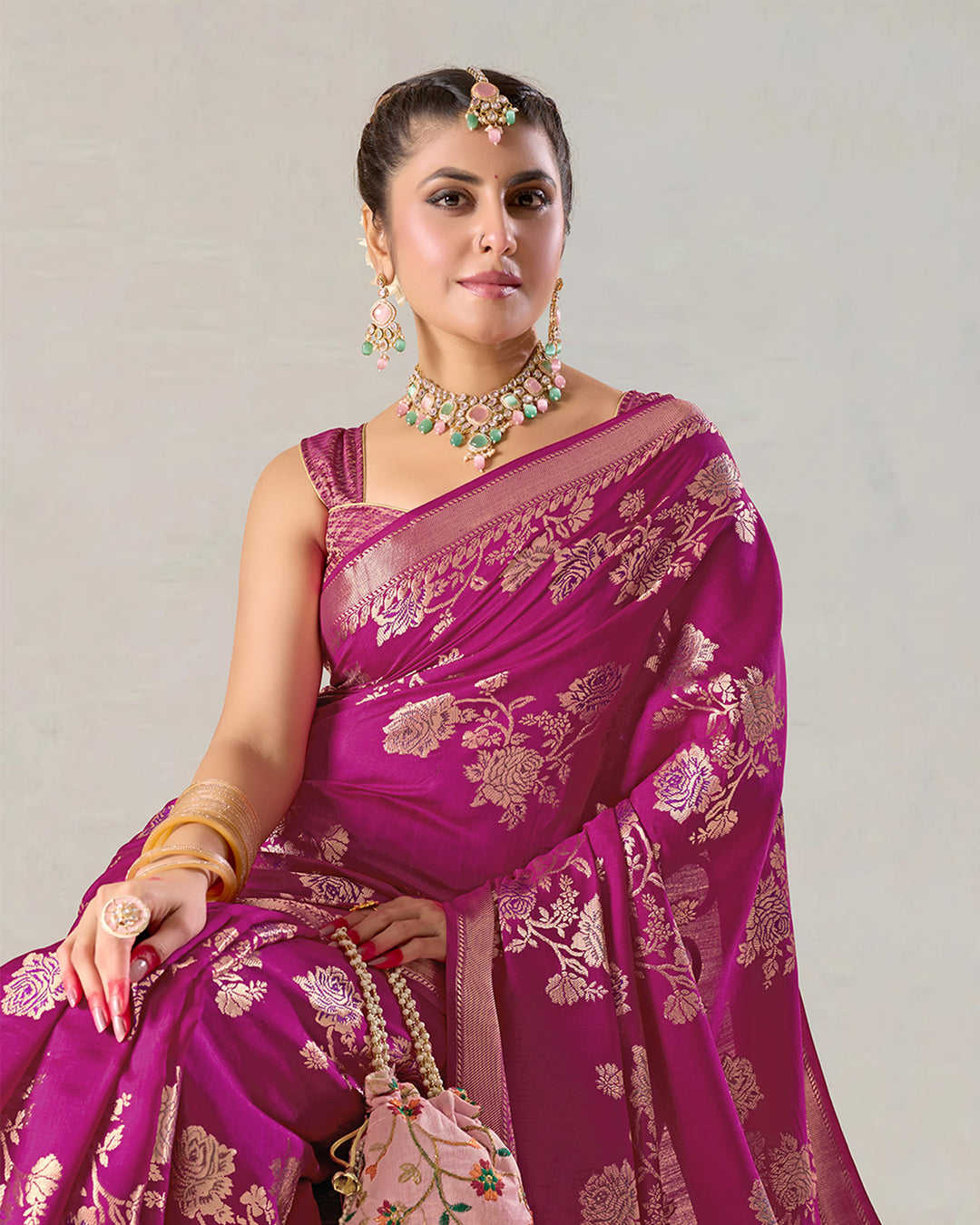 Magenta Pink Pure Banarasi Saree with Regal Flower Butidar Weaves