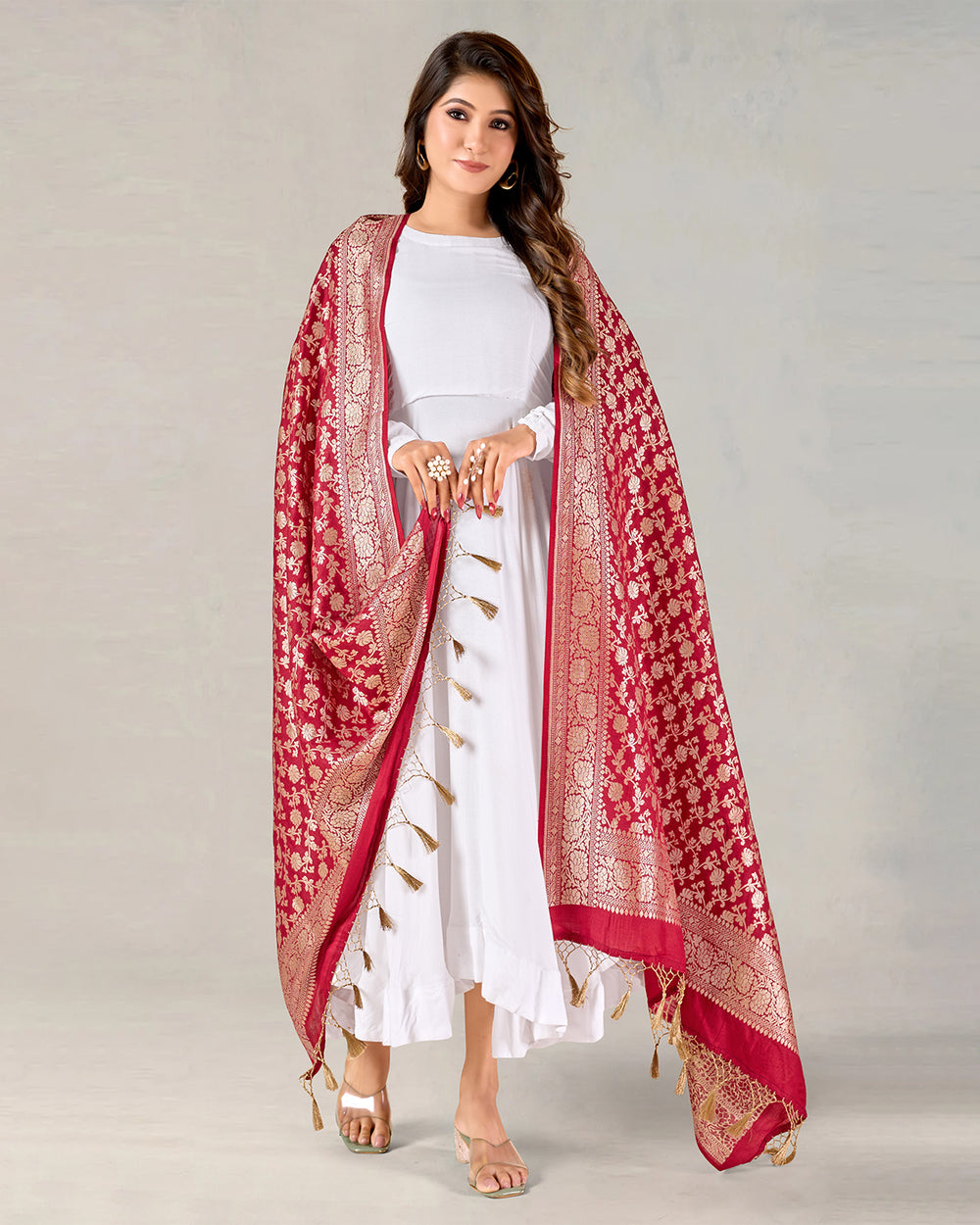 Maroon Pure Muga Silk Dupatta with Traditional Jaal