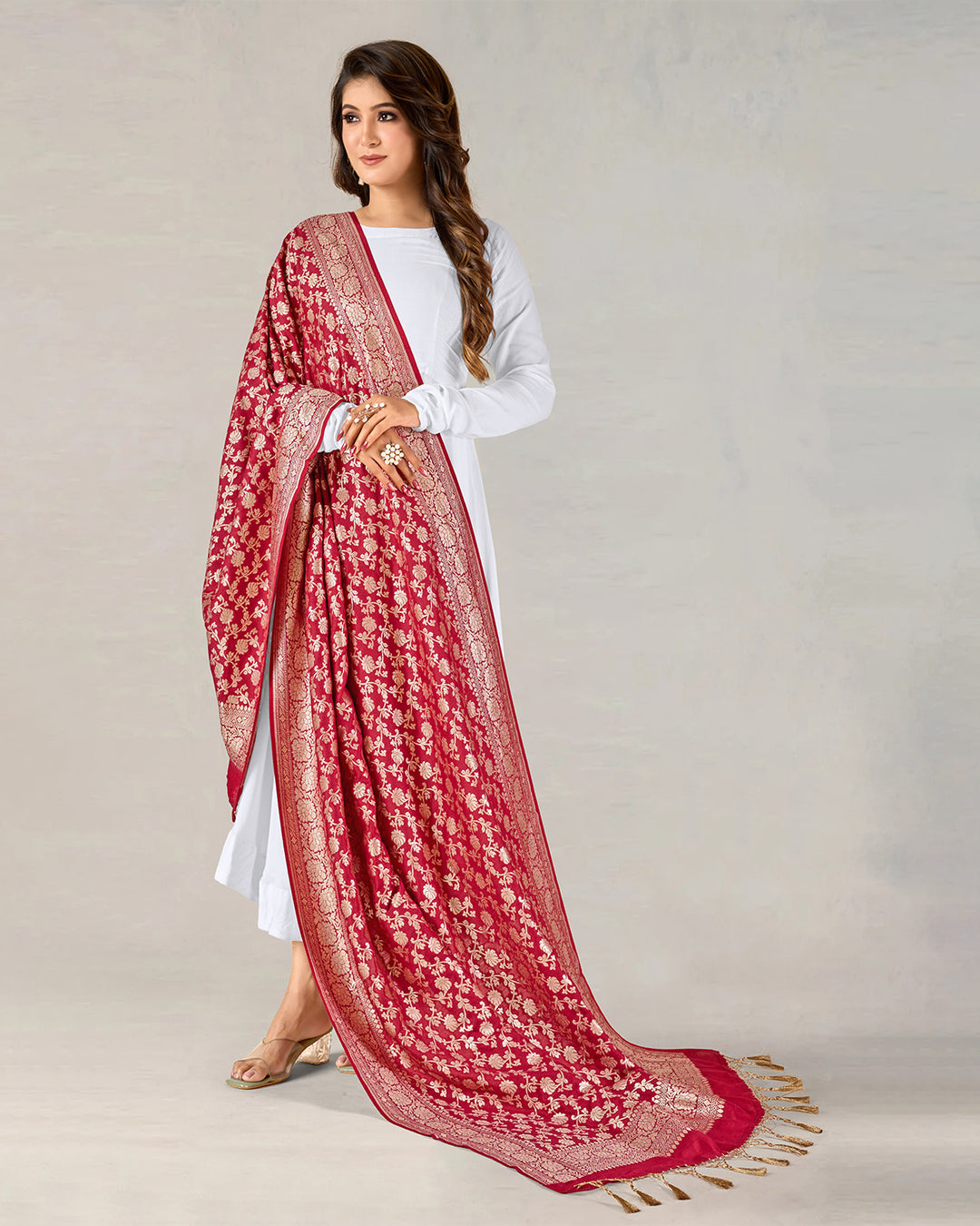 Maroon Pure Muga Silk Dupatta with Traditional Jaal