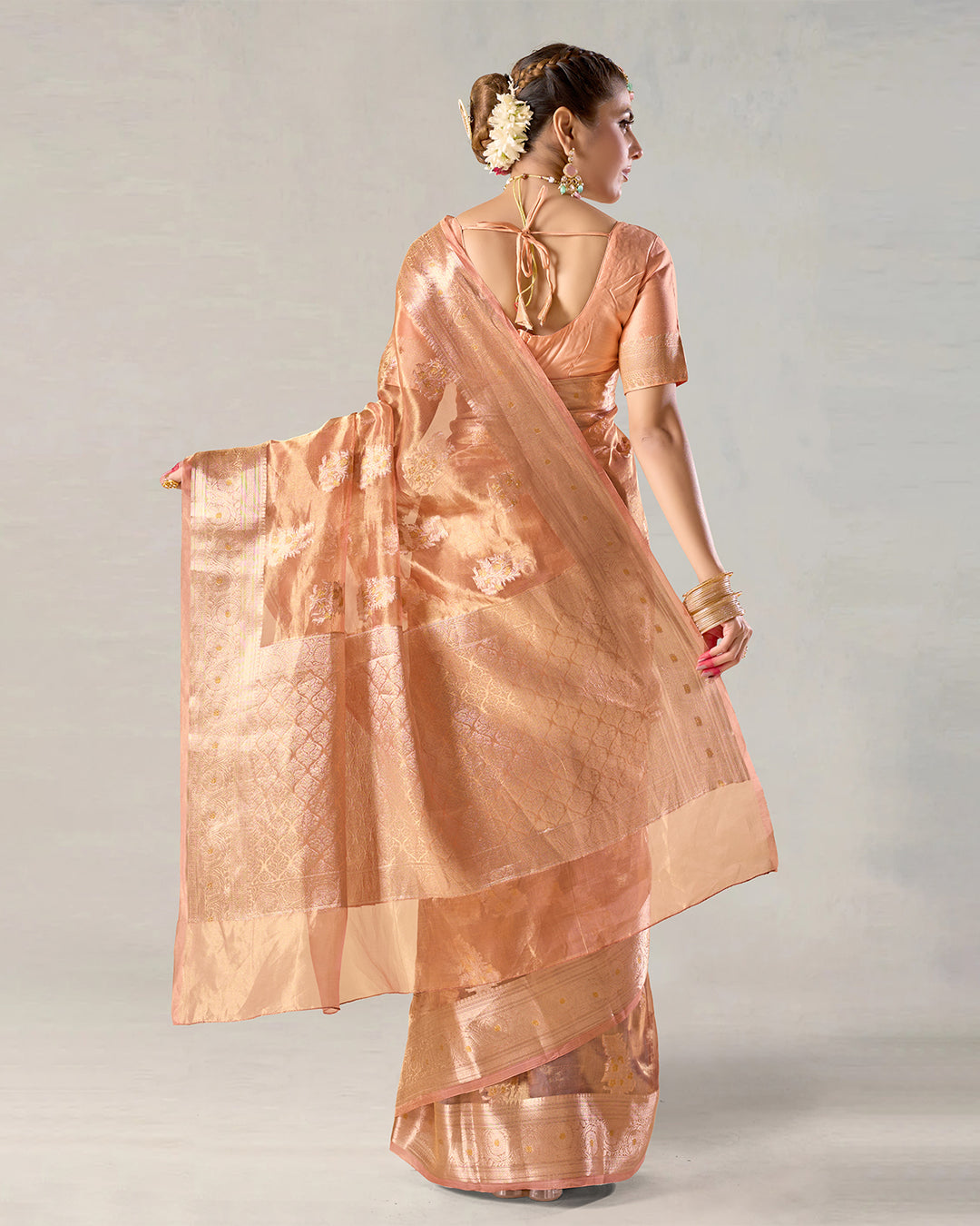 Heritage Peach Gold Pure Tissue Saree with Floral Golden Zari Accents