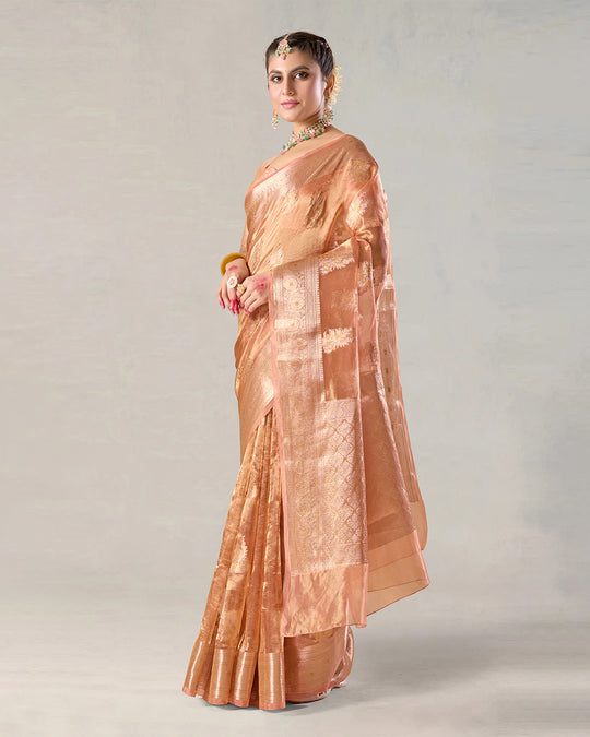 Heritage Peach Gold Pure Tissue Saree with Floral Golden Zari Accents