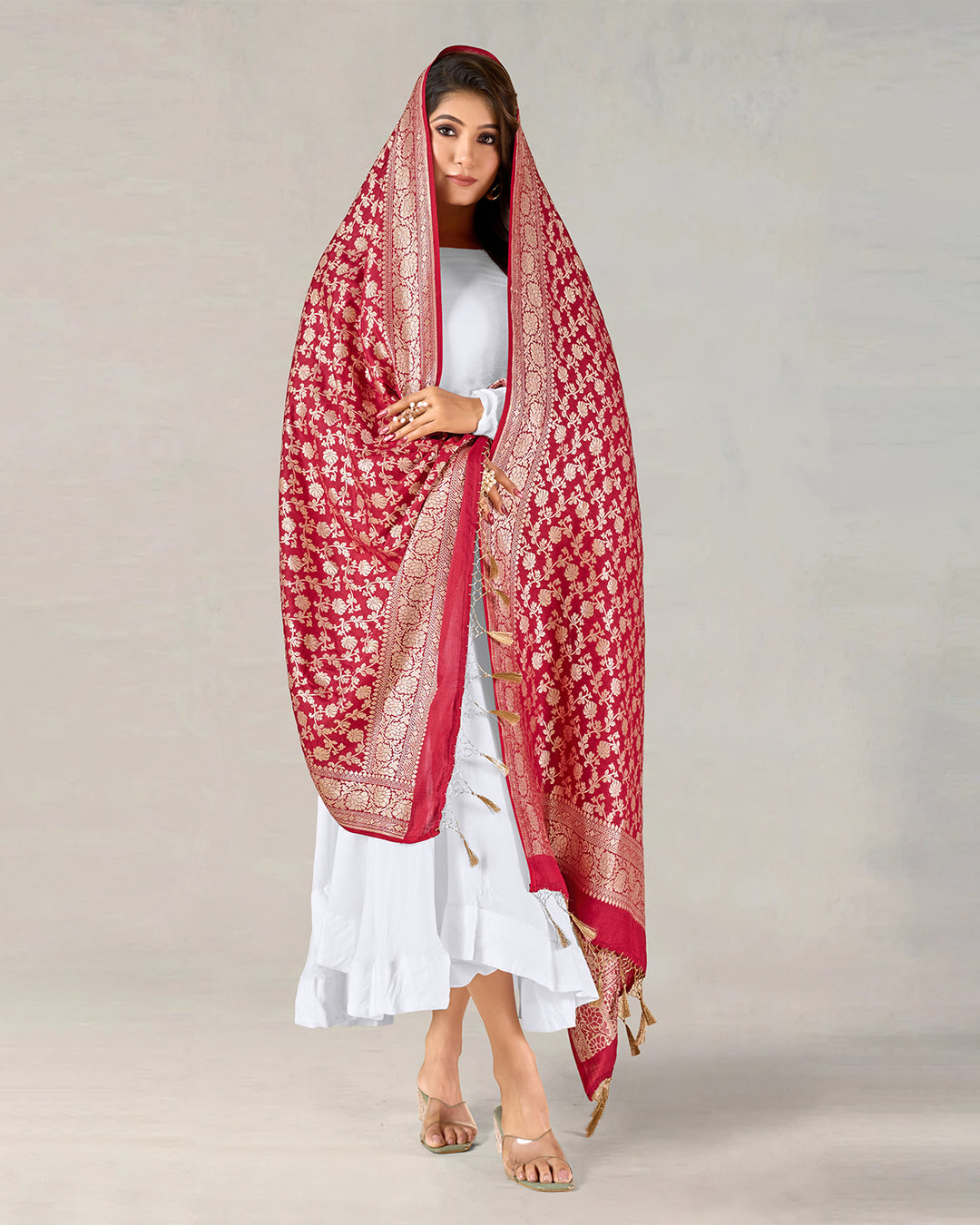 Maroon Pure Muga Silk Dupatta with Traditional Jaal