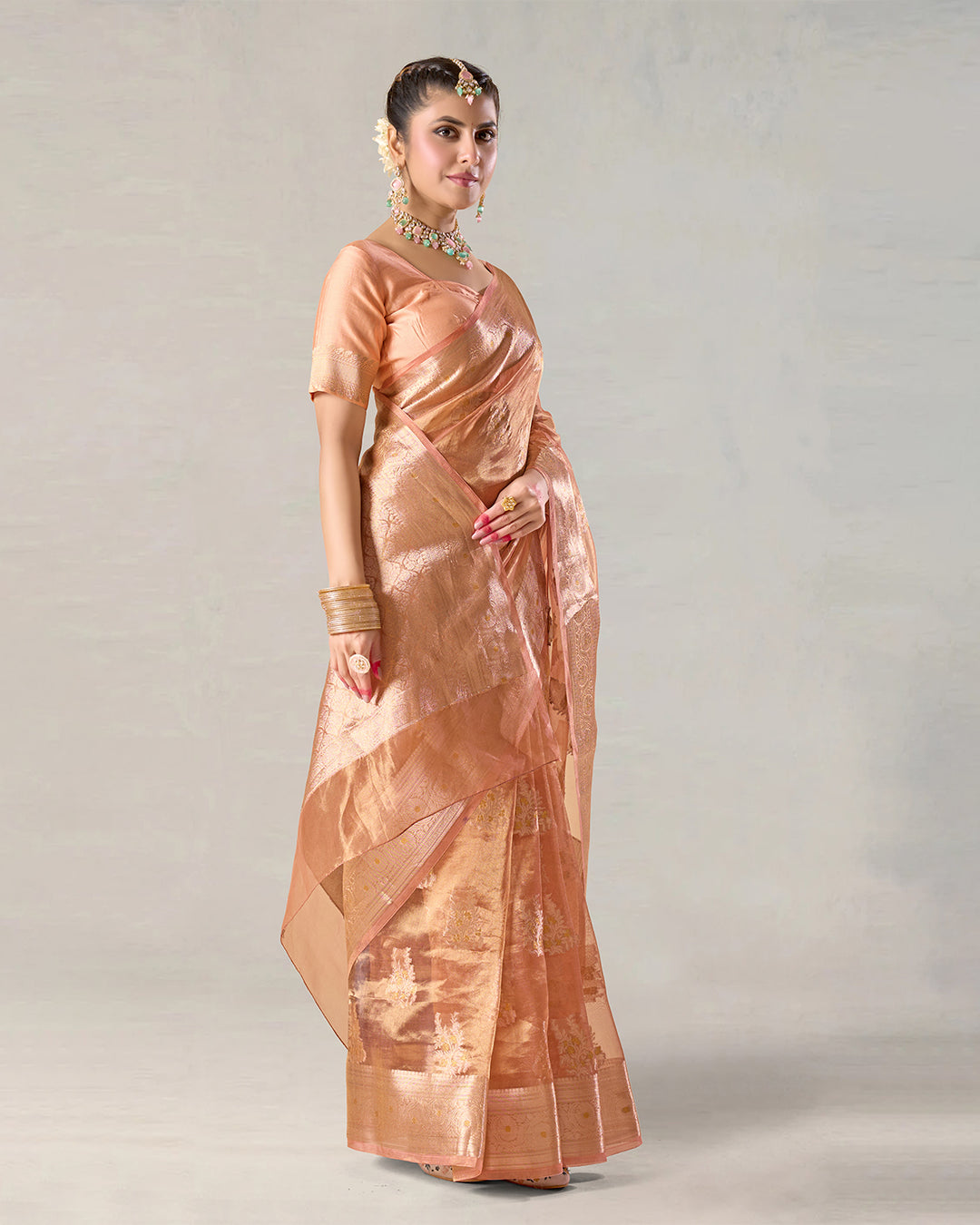 Heritage Peach Gold Pure Tissue Saree with Floral Golden Zari Accents