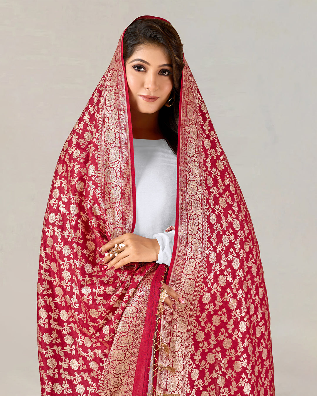 Maroon Pure Muga Silk Dupatta with Traditional Jaal