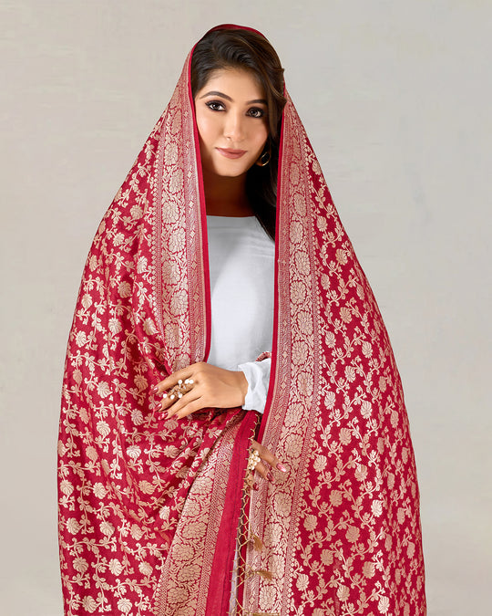 Maroon Pure Muga Silk Dupatta with Traditional Jaal