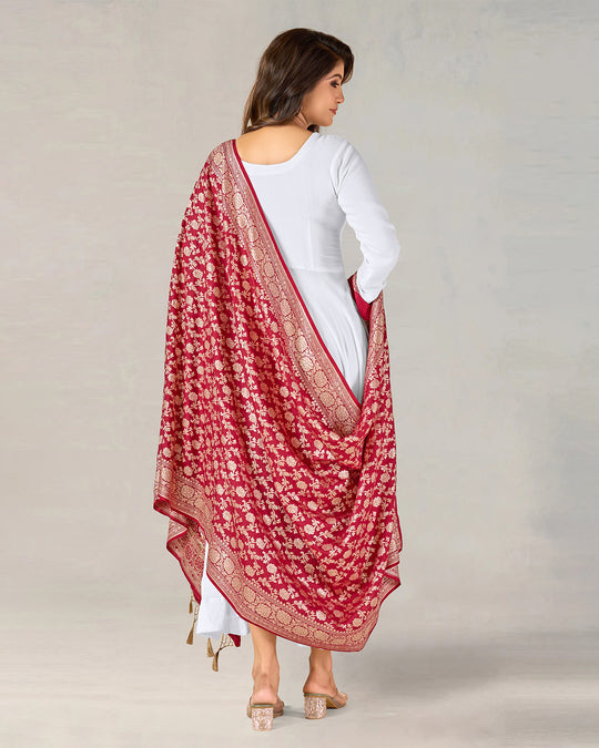 Maroon Pure Muga Silk Dupatta with Traditional Jaal