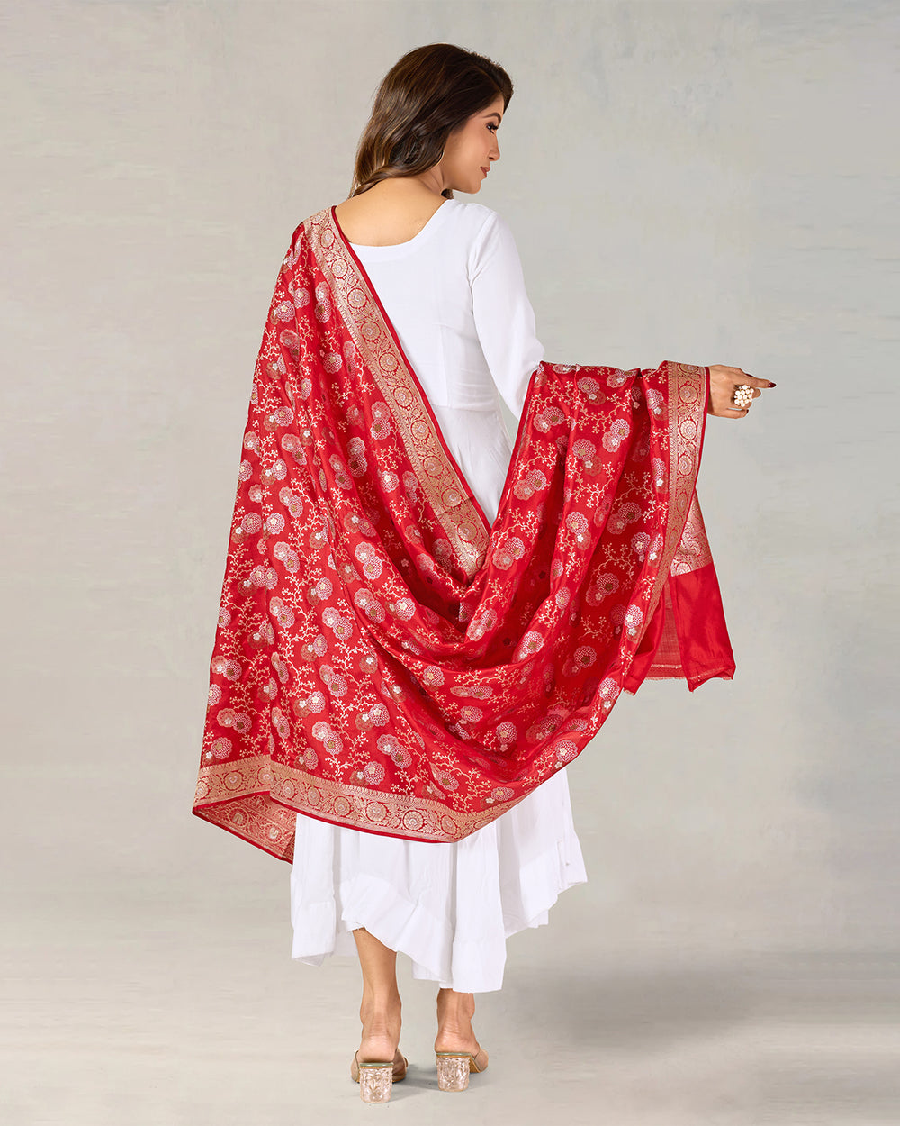 Red Pure Katan Silk Dupatta with Gleaming Floral Weaves