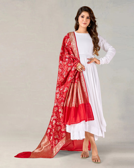 Red Pure Katan Silk Dupatta with Gleaming Floral Weaves