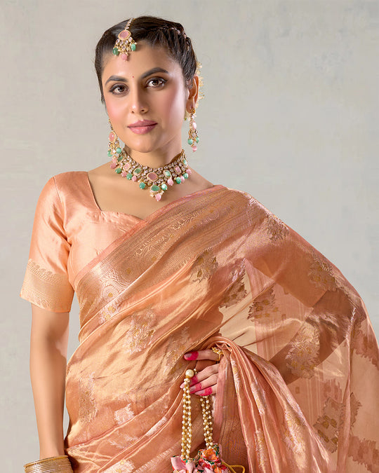 Heritage Peach Gold Pure Tissue Saree with Floral Golden Zari Accents